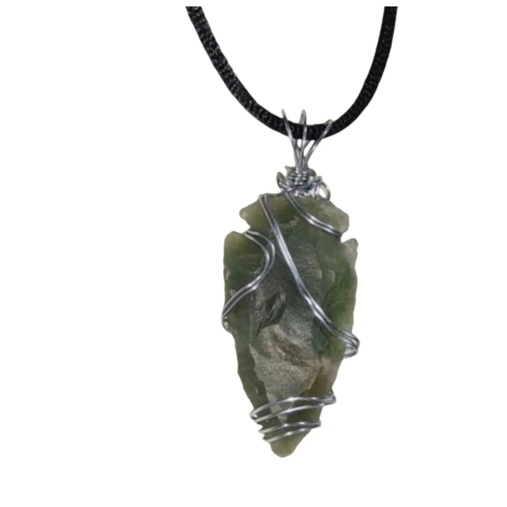 Handwired Green Arrowhead Pendant Necklace on Black Cord 18